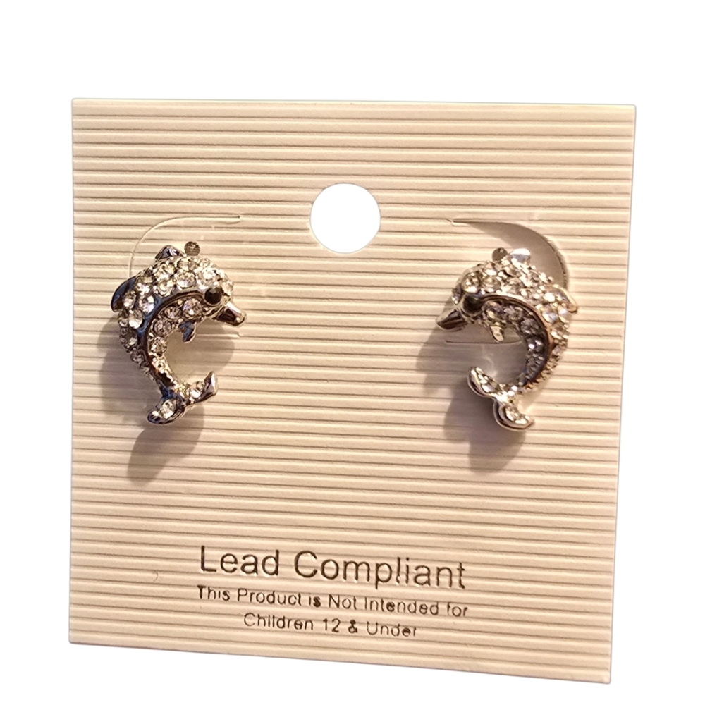 Dolphin Rhinestone Stud Earrings ~0.5" Tall Silver Tone NWT Kawaii Ocean